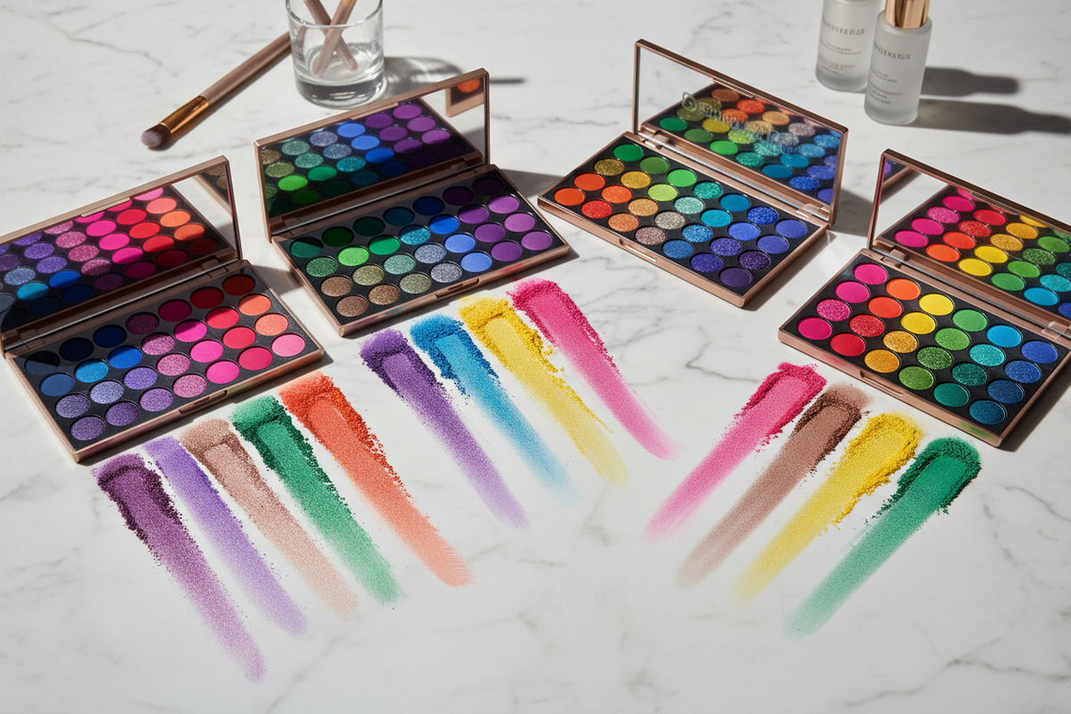 Four open colourful eyeshadow palettes with bright powder swatches arranged on a marble surface