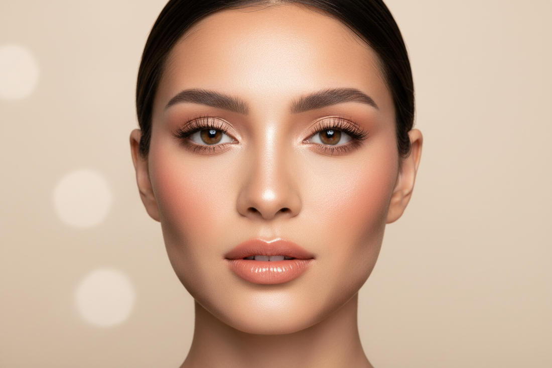 Woman with heart-shaped face wearing corrective contouring and blush makeup