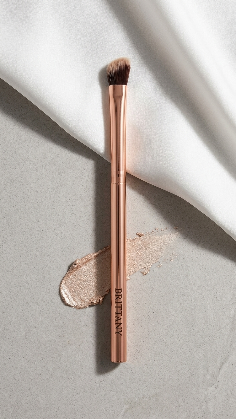Angled makeup brush with soft brown bristles and rose-gold handle, with shimmer swatch.