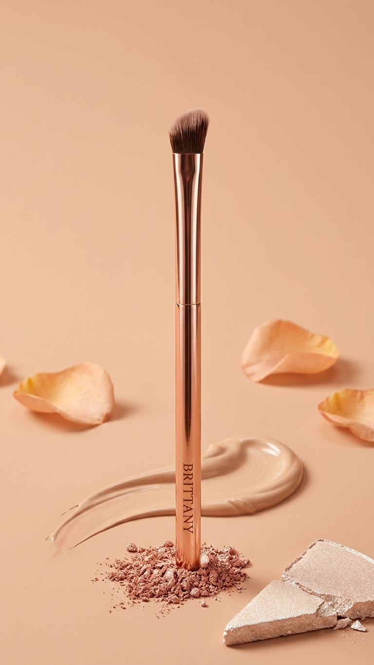 Angled makeup brush with soft brown bristles and rose-gold handle, near cream and powder.