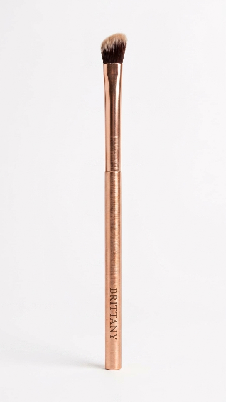 Angled makeup brush with soft brown bristles and rose-gold handle, BRITANNY branding.