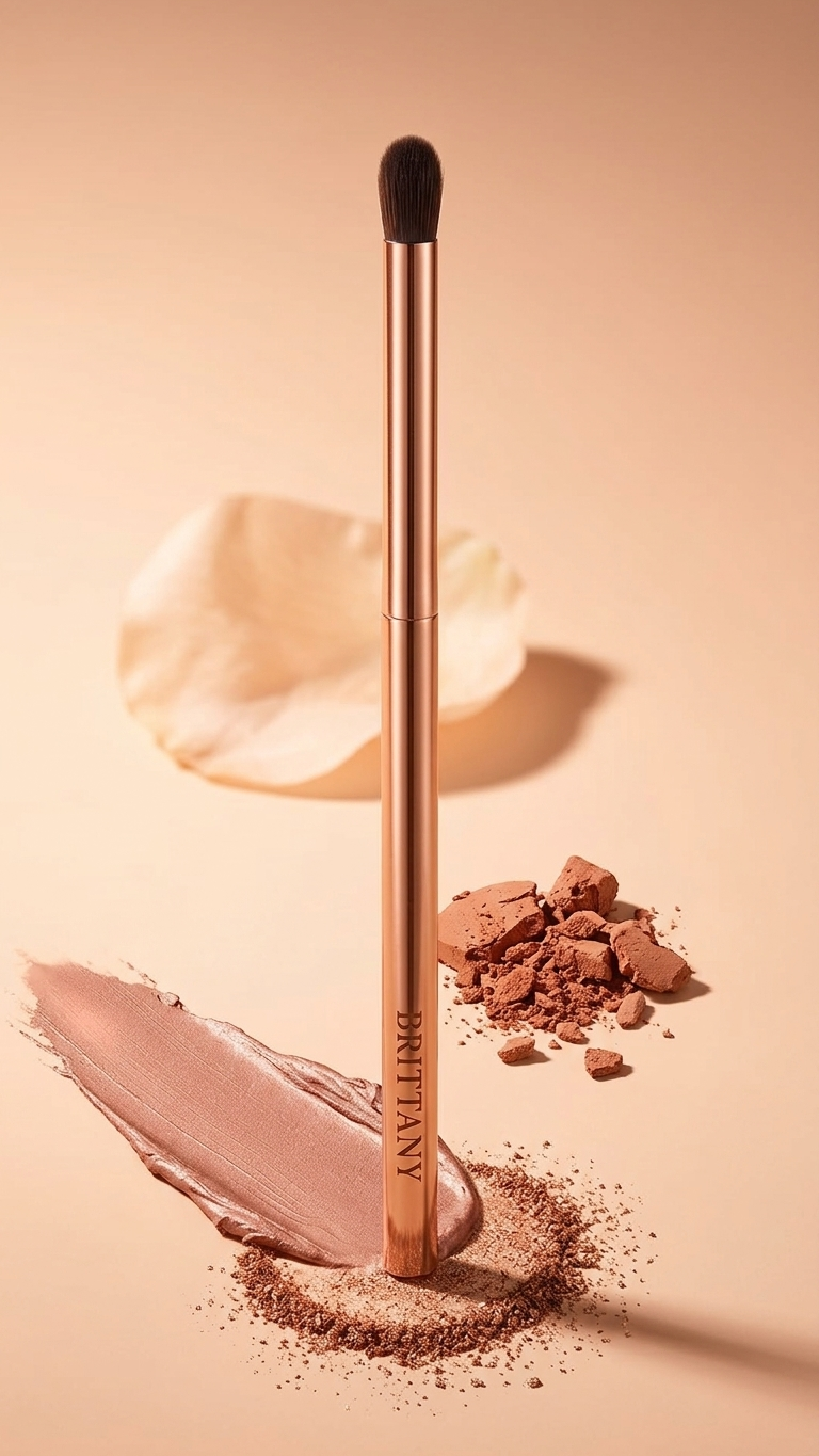 Blending brush with dark bristles; BRITTANY logo on rose-gold handle