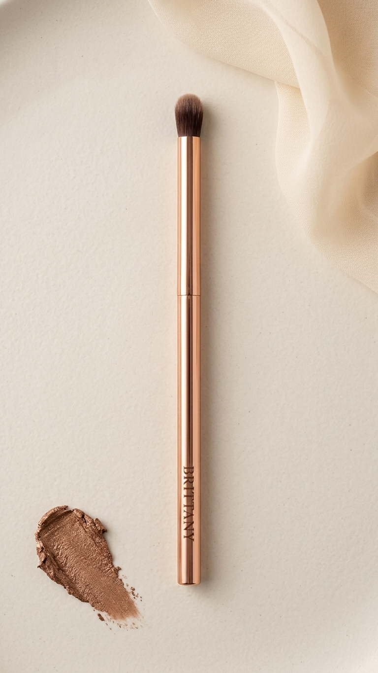Blending brush side view with dark bristles and rose-gold handle, BRITTANY print